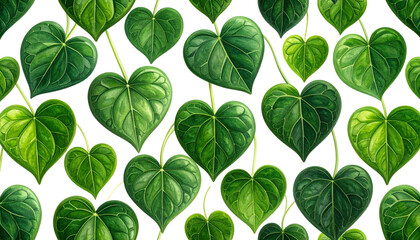 Lush, vibrant, green heart-shaped leaves on a black background, a pattern