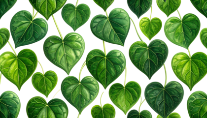 Lush, vibrant, green heart-shaped leaves on a black background, a pattern