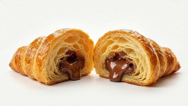 Fresh Chocolate Filled Croissants Cut in Half Showing Flaky Layers on White Background