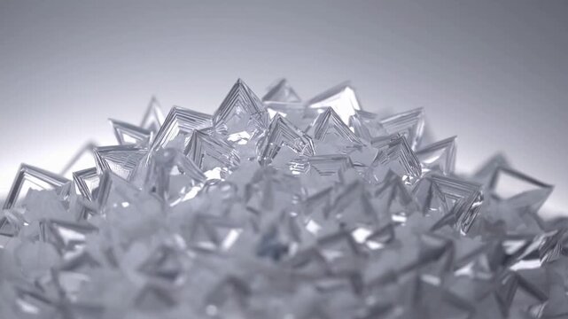 Closeup pile of clear crystals, faceted pyramid shapes forming glistening mound under neutral studio light, repeated geometric pattern producing abstract landscape, subtle reflections and refractions,