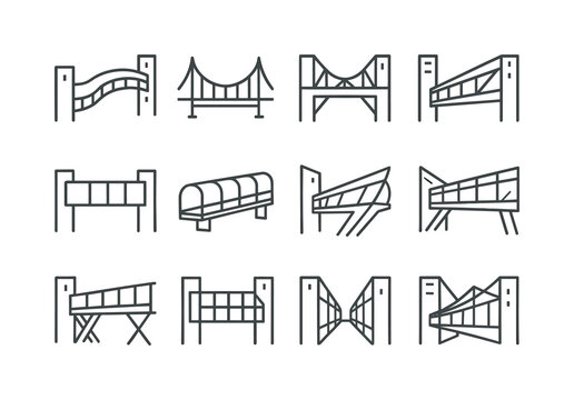 Architectural Skybridge Icons. Architectural skybridges. Line icon set of Architectural skybridges: curved bridge, suspension skywalk, steel framework, bridge