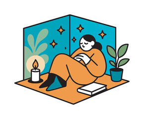 Fototapeta premium Serene Healing Corner. Quiet Healing Space. A small room corner with a glowing candle, book, and soft plant silhouettes floats in minimalist geometry. A figure