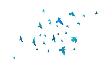 Flying birds blue silhouette flock. hand drawing. Not AI. Vector illustration