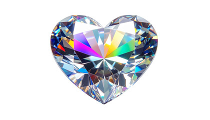 A sparkling, faceted diamond in a heart shape, refracting light
