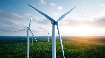 Wind turbines standing tall in a lush green landscape, capturing renewable energy with a beautiful sunset illuminating the sky, showcasing sustainable technology and environmental awareness