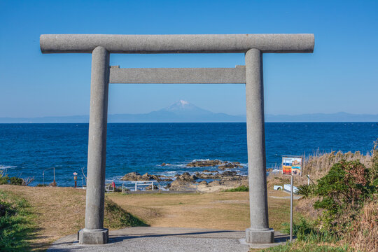 A distant view of Mount Fuji from the seaside torii gate of Suzaki Shrine, Tateyama City, Chiba Prefecture, Japan