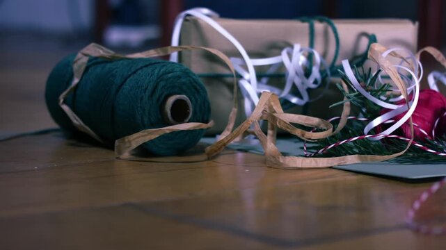 Christmas gift with wrapping ribbon and string 