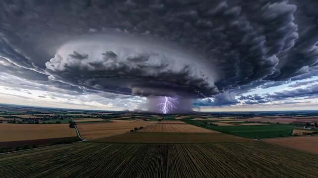 Gigantic rotating supercell storm over farmland, massive layered cloud base with purple lightning striking center, endless wheat rows in foreground, cinematic low light, ominous dark sky, sense
