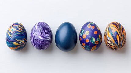 Colorful decorative eggs in various designs and patterns arranged in a row on a light background, showcasing vibrant colors and artistic creativity for festive celebrations