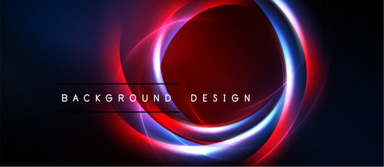 Abstract design features concentric glowing circles. Red, blue, white hues dominate dark background. Text reads background design.