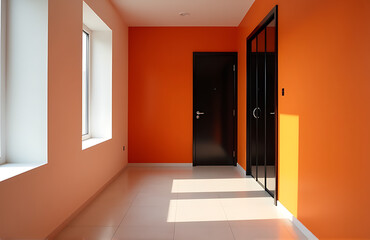 sleek modern hallway bathed warm soft light nearby window highlighting bold orange accent wall shiny black door