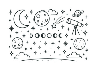 Fototapeta premium Celestial Doodle Art. Moon. Hand-drawn doodle illustration moon crescent, full moon, stars, crater surface, telescope, cloud, night sky, shooting star, moon