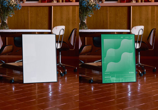 Mockup Of Customized Poster With Black Frame By Table