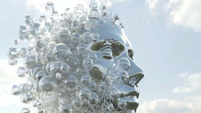 A surreal 3D rendering of a person constructed entirely of floating transparent bubbles symbolizing the ebullience of the human spirit