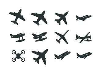 Airplane Icons Grid. Airplane types. Solid icon set of Airplane types: commercial jet, cargo plane, fighter jet, private jet, propeller plane, seaplane, glider