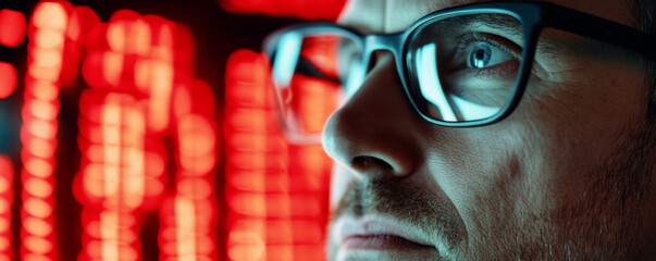 Focused man analyzing data on a red digital display.