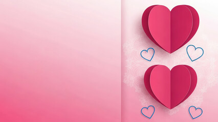Three dimensional pink paper hearts with blue outlines on soft pink lace background. Pink valentine background with hearts