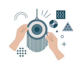 DIY Geometric Wall Art. DIY wall decor. Hands hang a handmade piece while geometric shapes radiate like creative energy. Floating patterns show decorative