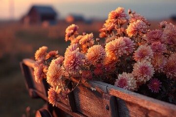 Chrysanthemums in a wooden wagon on a farm, bright petals and rustic textures in warm light