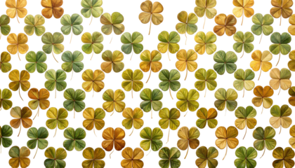 Array of four-leaf clovers, varying greens and browns, set against a black backdrop