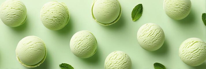 Green color ice cream scoops scattered lightly across a light green surface with mint leaves positioned around the scoops in a flat layout for visual appeal
