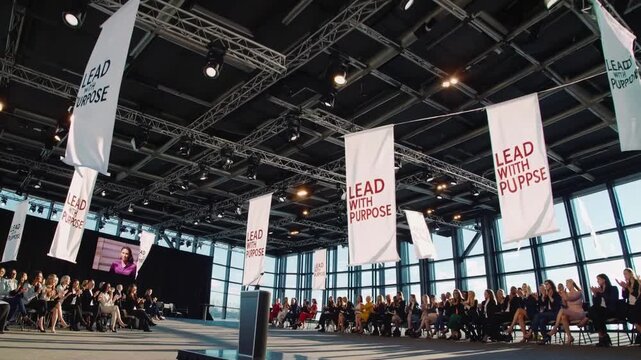 conference hall with hanging banners, full seating of diverse audience watching stage, banners displaying lead purpose slogan, modern skylit venue with exposed trusses and panoramic windows, corporate