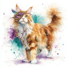 Fluffy Cat in Mardi Gras Costume with Beads, Watercolor Illustration