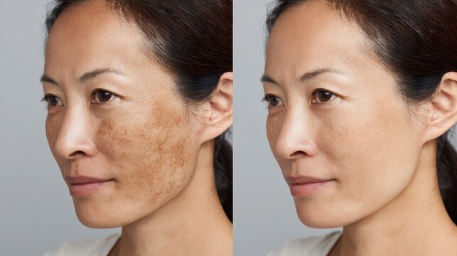 Clinical skincare concept: side-by-side portrait of a woman's face with reduced dark spots and even complexion