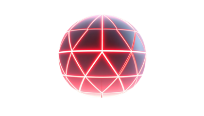 Glowing red geometric lines encircle a transparent sphere against black