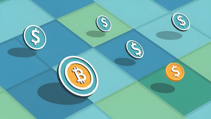 Digital currency and abstract financial growth with cryptocurrency symbols on a geometric background