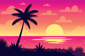 Obraz premium Tropical Sunset with Palm Tree Silhouette Over Ocean Palm Tree Silhouette at Tropical Ocean SunsetColorful Tropical Beach Sunset IllustrationExotic Island Sunset with Palm Trees