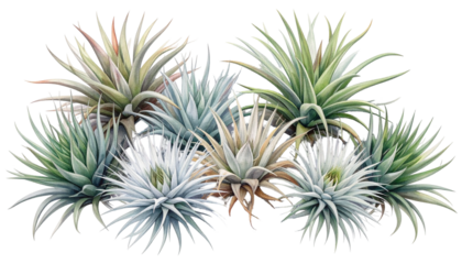 Group of various air plants, green and gray with sharp spiky leaves