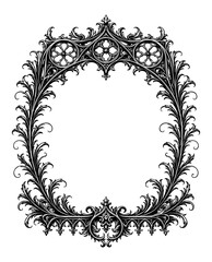 gothic oval ornamental frame with elaborate medieval foliage, symmetrical tracery, and refined black and white antique engraving style decoration