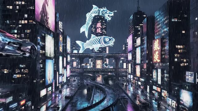 Futuristic cyberpunk city street at night with neon lights, flying vehicles, and holographic fish.