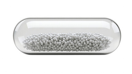 Glass capsule containing numerous small silver balls on transparent background