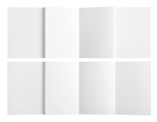 Blank white paper folded in eight sections, map or brochure mockup Isolated on transparent or white, Cut out