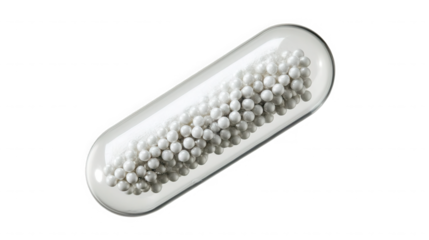 Glass test tube filled with numerous small white pearls or marbles on transparent background