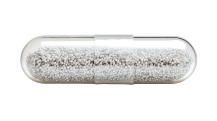 Large transparent capsule filled with numerous small white spheres or beads on transparent background