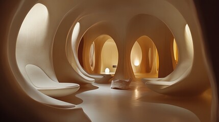 A futuristic, organic interior with curved walls, seating, and natural light, creating a sense of calm