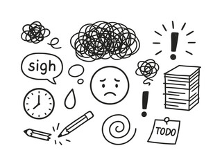 Overwhelmed Doodle Chaos. Overwhelmed mood. Hand-drawn doodle illustration overwhelmed mood scribble cloud, sigh bubble, tangled lines, stack of tasks,