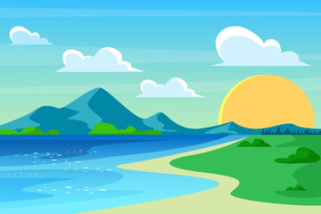 Obraz premium Sunny River Landscape with Mountains and Blue Sky Illustration Bright Nature Landscape with River and Mountains IllustrationPeaceful River Valley Landscape IllustrationGreen Nature Landscape 