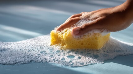 Close-up of a hand scrubbing a light blue surface with a yellow sponge, soap foam forming