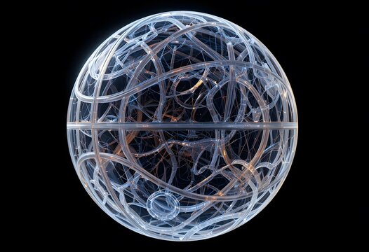 A glowing intricate sphere with complex interwoven network of translucent tubes on black background. basketball x-ray  - Powered by Adobe