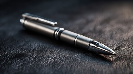 Close-up of a polished metal pen with chrome finish on a dark textured surface