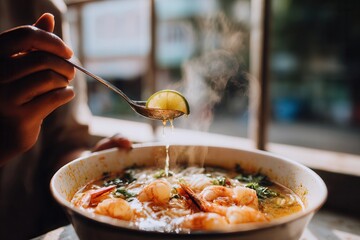 Close-up hands drizzling lime over caldo de camar&oacute;n.