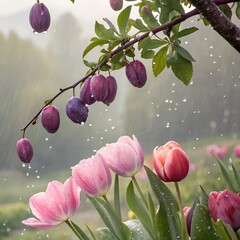 Tulips and plums in gentle rainfall, artistic realism, beautiful background