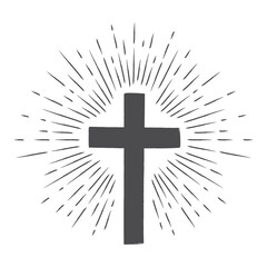 Christian paint brush stroke cross with rays. Religious cross.