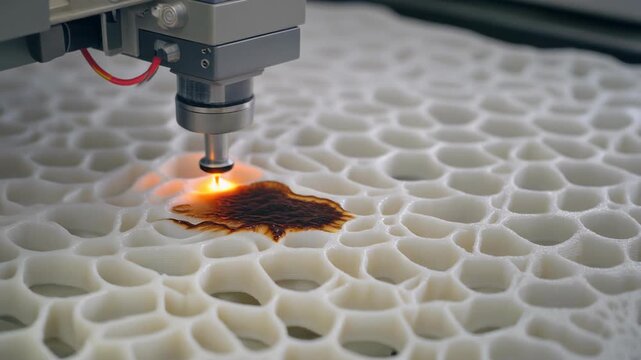Close-up of a 3D printer nozzle creating a honeycomb-like structure with a dark substance being deposited.