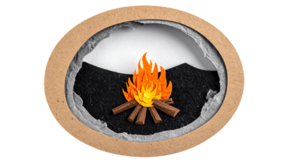 Papercraft campfire scene framed within a cracked oval, black background