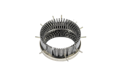 Detailed shot of a metallic, circular component with radial fins